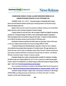 preview image of first page Official Consumers Energy News Release: Imposter Phone Scam Notification