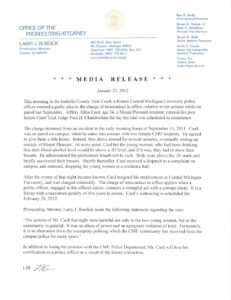 preview image of first page Former CMU Police Officer Pleas Guilty to Charge of Misconduct in Office – January 23, 2012