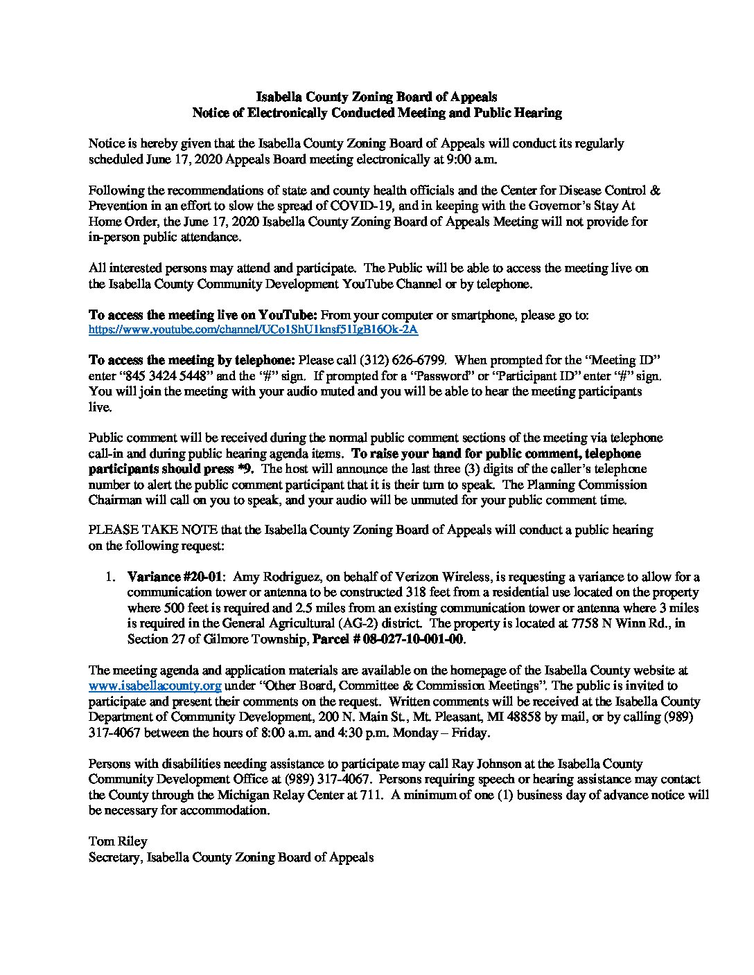 preview image of first page June 17, 2020 Notice of Electronically Conducted Regular Meeting