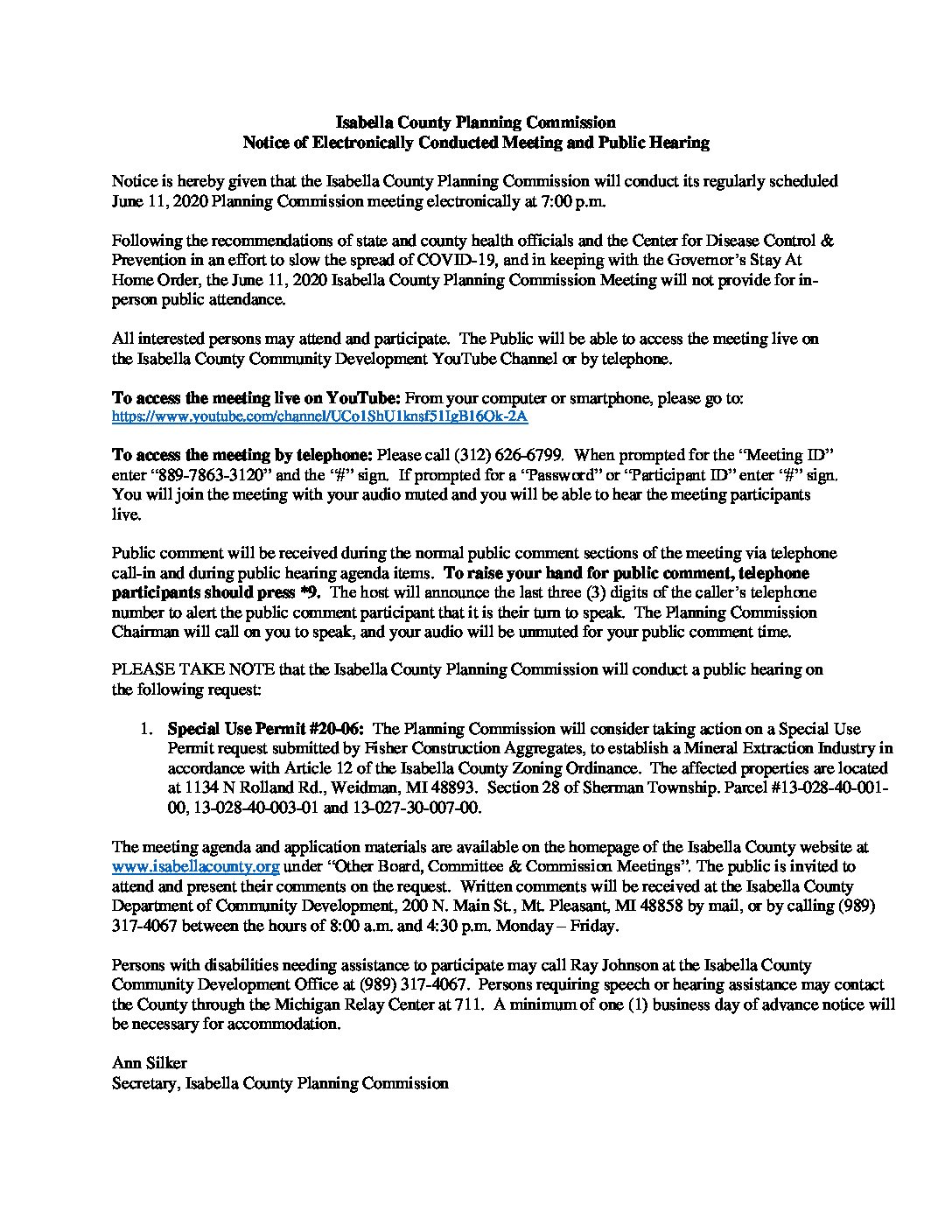 preview image of first page June 11, 2020 Notice of Electronically Conducted Regular Meeting