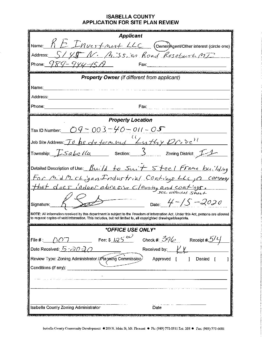 preview image of first page Site Plan Review #20-07 – R.E. Investments LLC – Industrial Building – Isabella Township