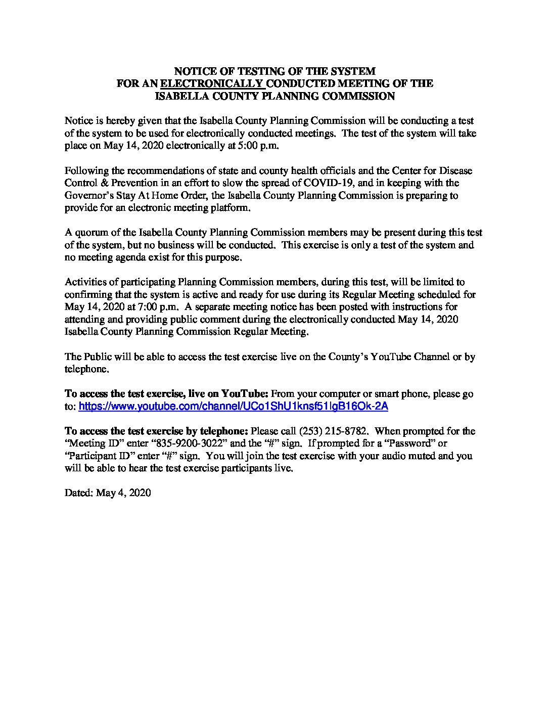 preview image of first page May 14, 2020 Notice of System Test for an Electronically Conducted Meeting