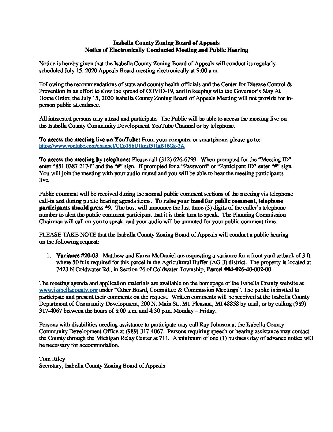 preview image of first page July 15, 2020 Notice of Electronically Conducted Meeting and Public Hearing