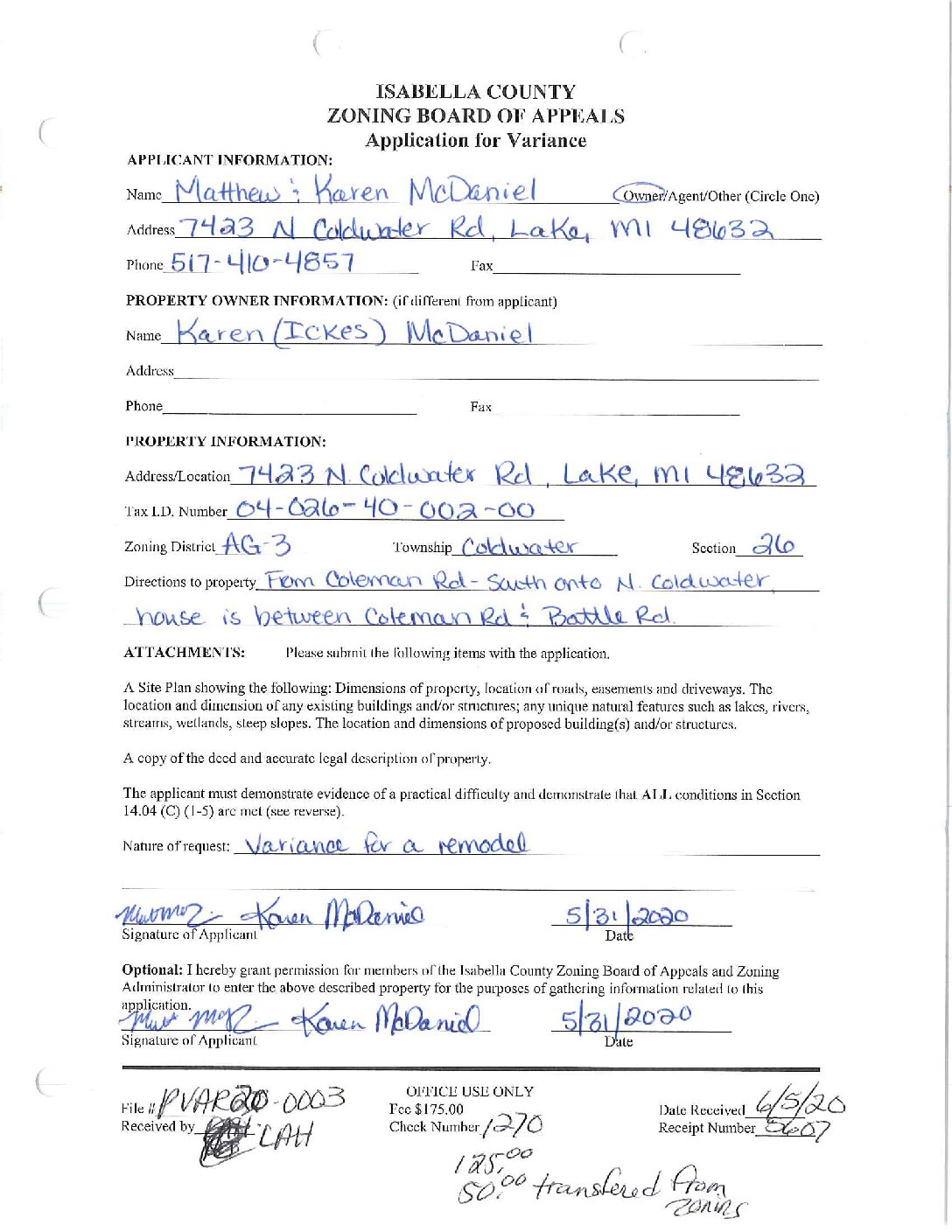 preview image of first page Variance #20-03 – Matthew and Karen McDaniel – Coldwater Township