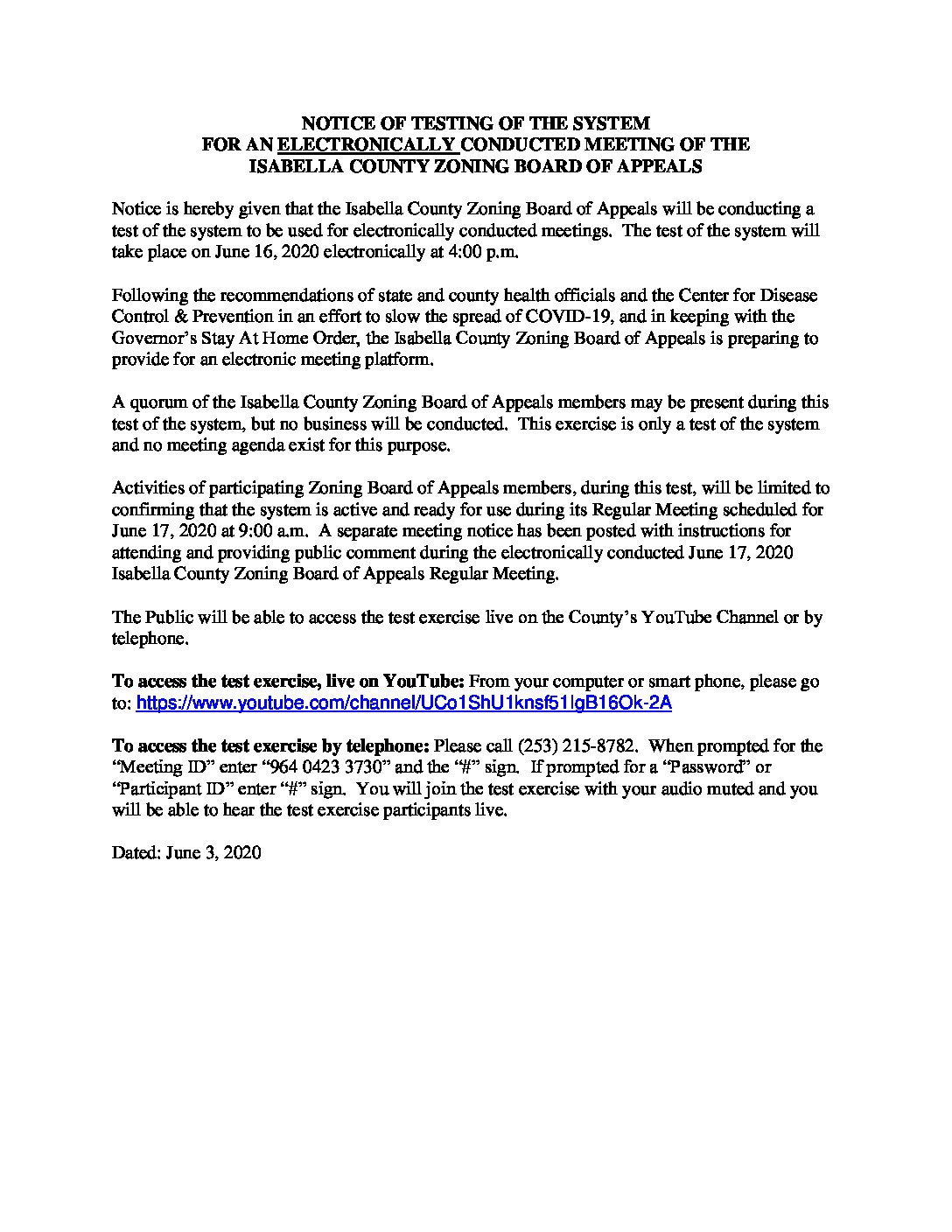 preview image of first page June 16, 2020 Notice of System Test for an Electronically Conducted Meeting