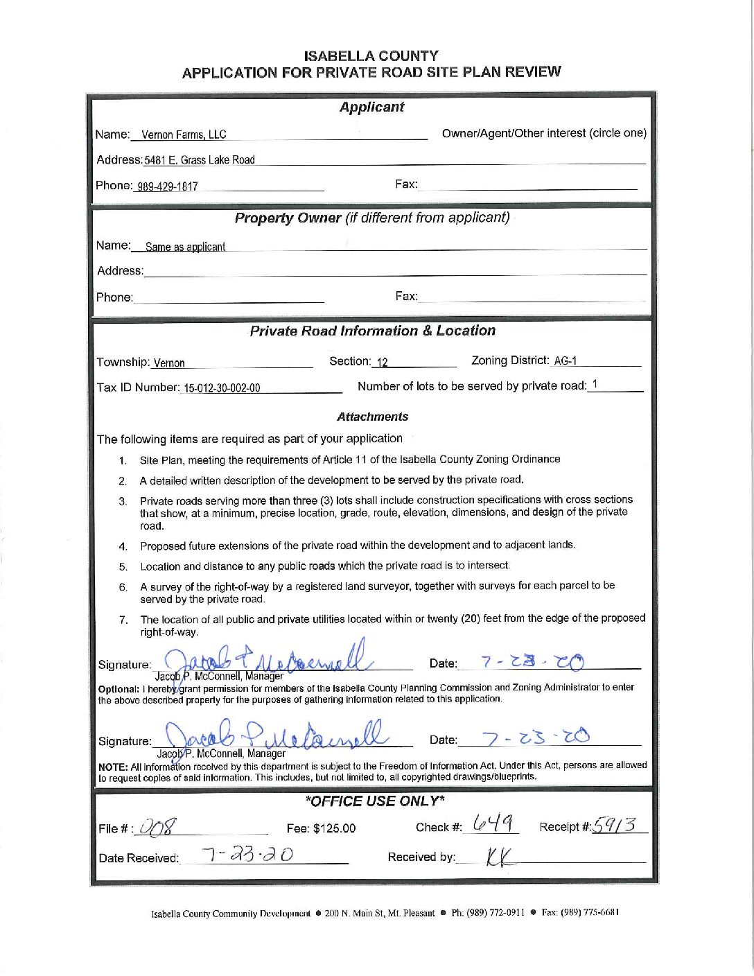 preview image of first page Site Plan Review #20-08 – Private Road – Vernon Farms – Vernon Township