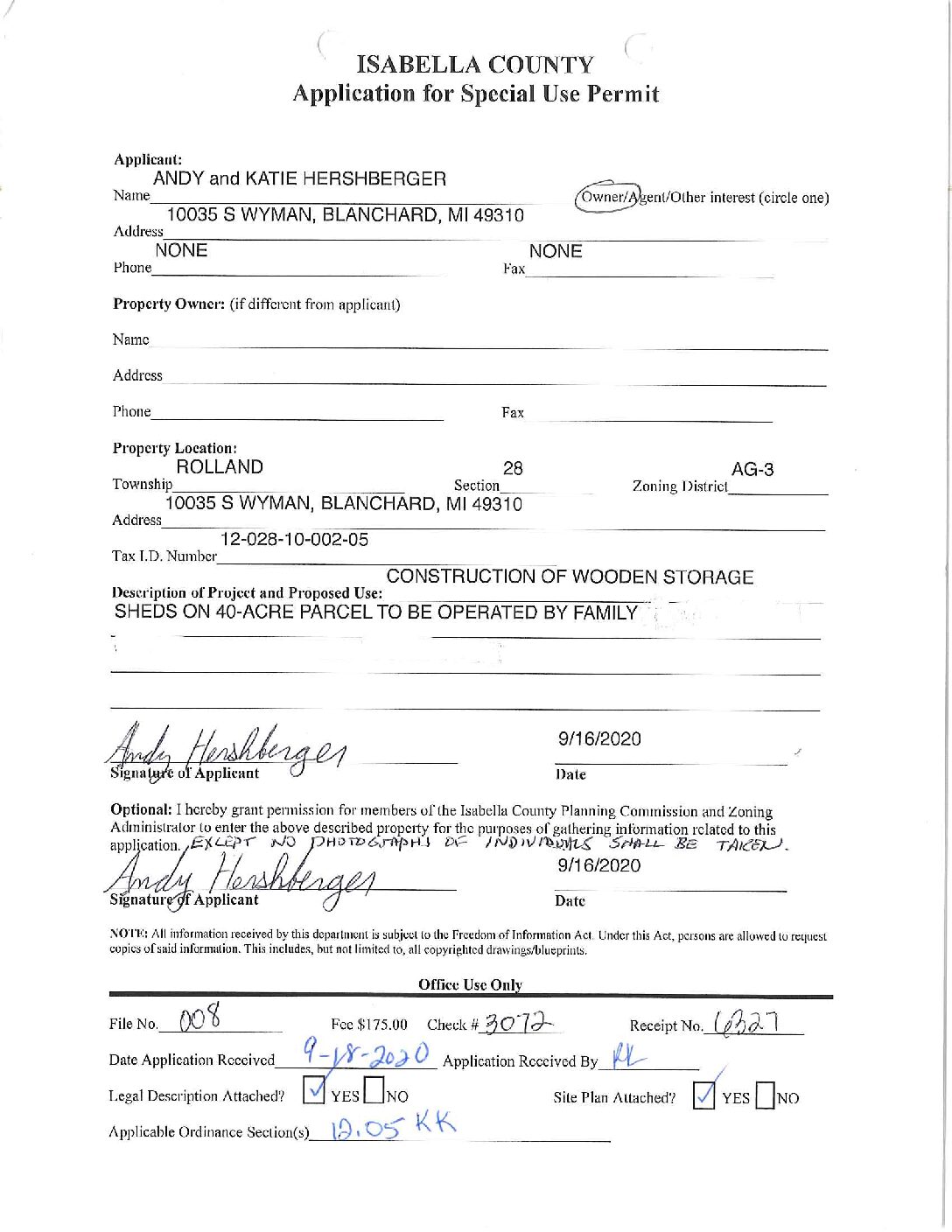 preview image of first page a.	Special Use Permit #20-08 – Rural Production and Processing (storage shed construction) – Andy and Katie Hershberger – Rolland Township
