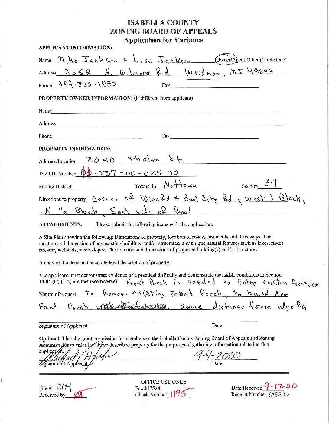 preview image of first page VAR #20-04 – Mike and Lisa Jackson – Nottawa Township