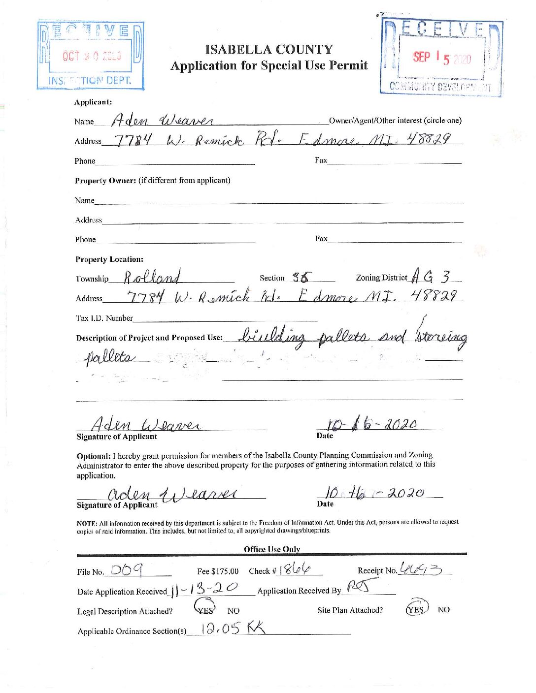preview image of first page Special Use Permit #20-09 – Rural Production and Processing (pallet construction) – Aden Weaver – Rolland Township