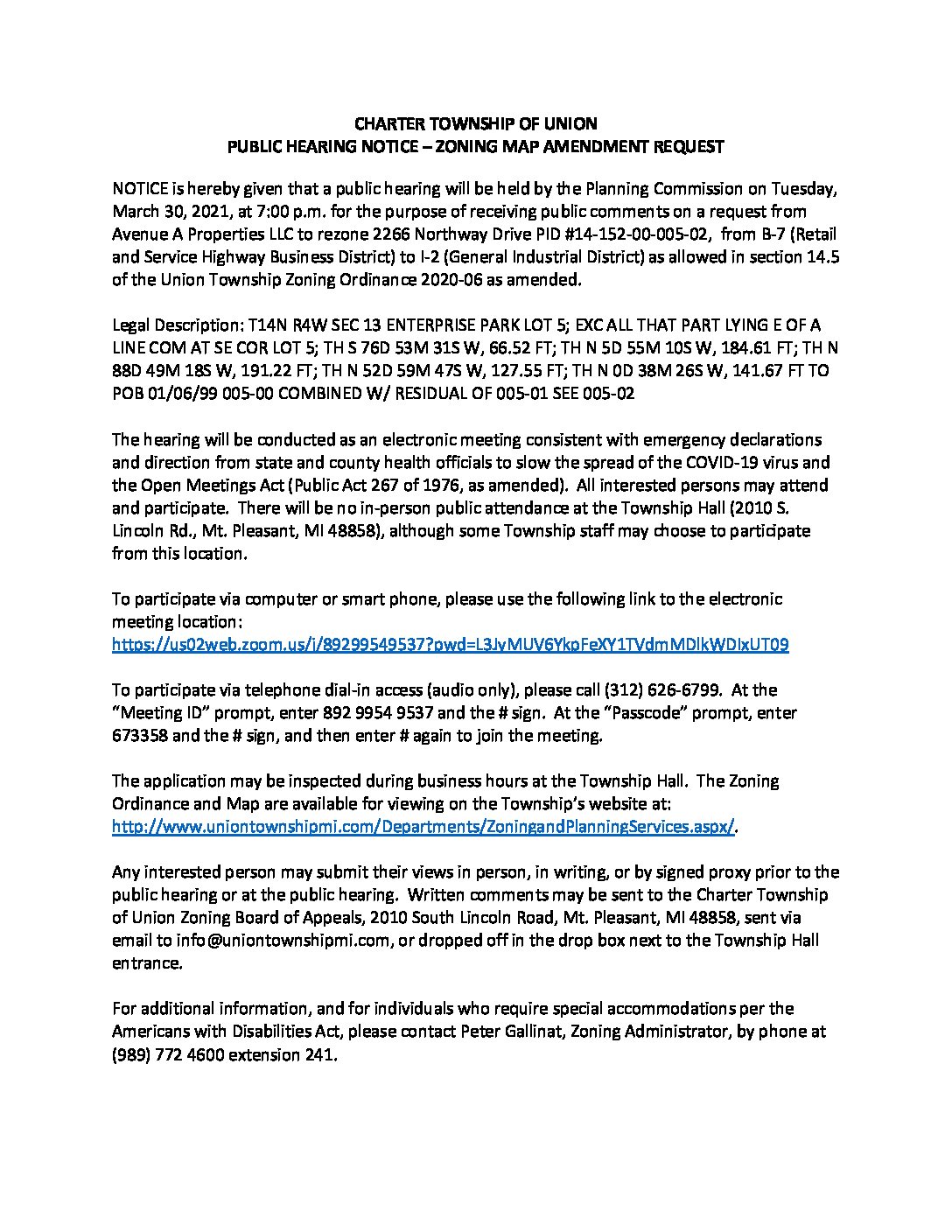 preview image of first page Union Township Map Amendment 2266 Northway Dr.