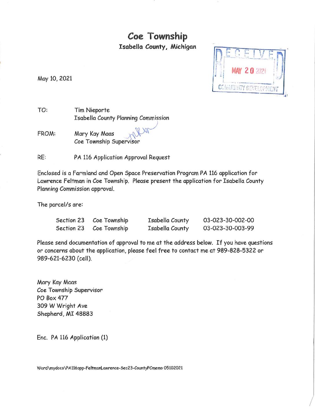 preview image of first page Farmland Agreement (PA116) – Larence Feltman – Coe Township